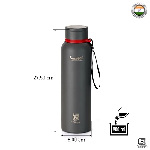 Sumeet Nero 24 Hrs Hot & Cold ISI Certified Stainless Steel Leak Proof Water Bottle for Office/School/College/Gym/Picnic/Home/Trekking -900ml, Pack of 1, Greay