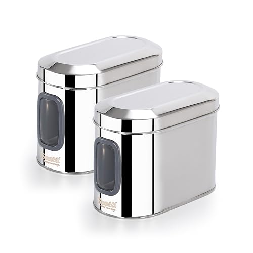 Sumeet ISI Certified Stainless Steel Capsul Canister/Container for Kitchen Storage with See Through Window - Set of 2 Pcs - 1400ml, Silver