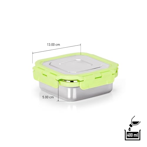 Sumeet Stainless Steel Square Shape Airtight Lock & Leak Proof Container/Lunch Box with Steel Lid - 400Ml, Pack of 1, Silver