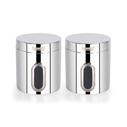 Sumeet Stainless Steel Small Containers/Jars/Dabba for Kitchen Storage with See Through Window - set of 2Pcs, 1100ml capacity each, 11.5cm Dia, Silver
