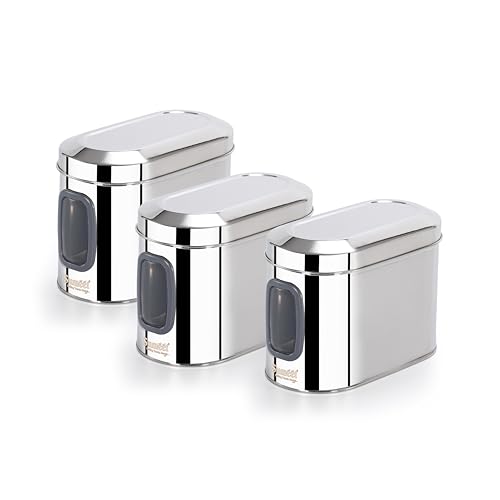 Sumeet ISI Certified Stainless Steel Capsul Canister/Container for Kitchen Storage with See Through Window - Set of 3 Pcs - 1400ml, Silver