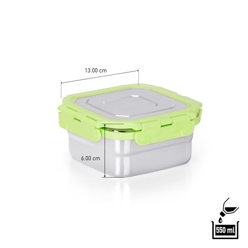 Sumeet Stainless Steel Square Shape Airtight Lock & Leak Proof Container/Lunch Box with Steel Lid - 550Ml, Pack of 1, Silver