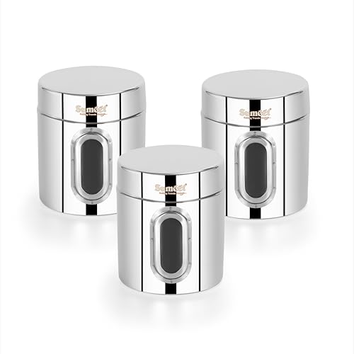 Sumeet Stainless Steel Small Containers/Jars/Dabba for Kitchen Storage with See Through Window - set of 3Pcs, 1100ml capacity each, 11.5cm Dia, Silver