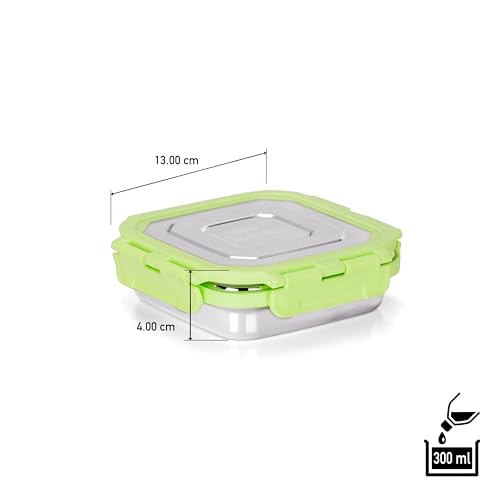 Sumeet Stainless Steel Square Shape Airtight Lock & Leak Proof Container/Lunch Box with Steel Lid - 300Ml, Pack of 3, Silver