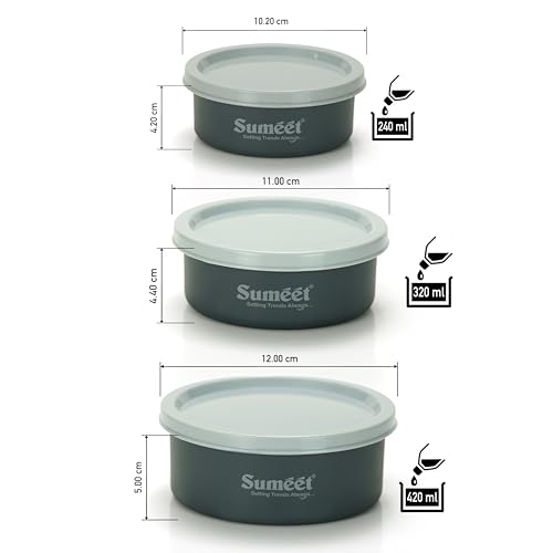 Sumeet Microwave Safe Stainless Steel Air Tight & Leak Proof Lunch Boxes/Storage Containers with Lids for Kitchen/Office/School, 240ml, 320ml, 420ml, set of 6, Grey
