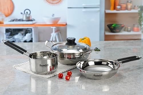 Sumeet Stainless Steel Induction Bottom Gas Stove & Induction Friendly 4PC Cookware Set, Kadai - 1500ml / 20cm, Frypan 1250ml / 20cm, Saucepan 1250ml / 14cm with Glass Lid, Pack of 4, Silver
