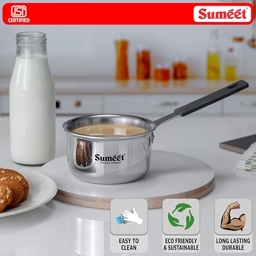 Sumeet Cook Smart ISI Certified Tri-Ply (Steel - Aluminium - Steel) Mini SauceTadka Pan with Silicon Grip | Induction and Gas Friendly | 2.5mm Thick | 450ml -10Cm, Silver