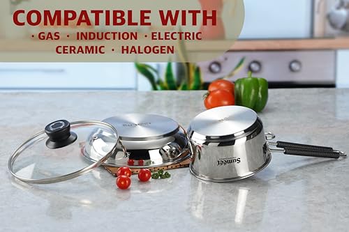 Sumeet Stainless Steel Induction Bottom Gas Stove & Induction Friendly 3PC Cookware Set, Frypan 1250ml / 20cm, Saucepan 1250ml / 14cm with Glass Lid, Pack of 3, Silver