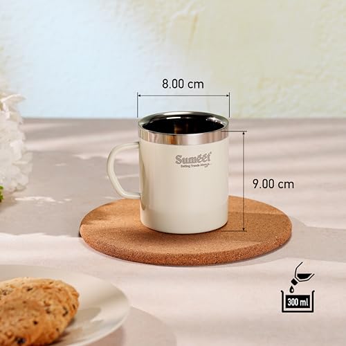 Sumeet Stainless Steel Coloured Double Wall Tea/Milk/Coffee Mug Set of 2Pc - 300ml - Ivory