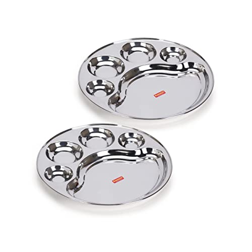 Sumeet Stainless Steel Round 5 in 1 Compartment Lunch / Dinner Plate 1Pc, 34cm Dia, Silver