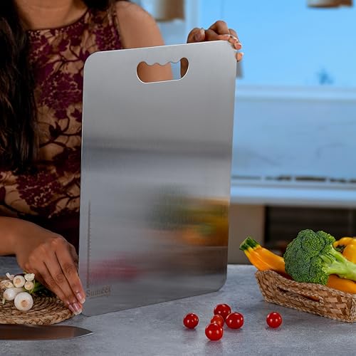 Sumeet Stainless Steel Big Chopping Board| Rust-Proof, Dishwasher Safe |Heavy Duty and Durable for Vegetables, Fruits, kneading in Kitchen - 35cm x 25 cm, 1.5mm Thick, Silver