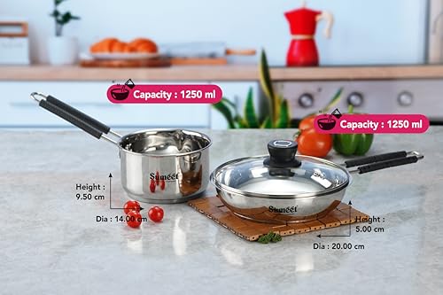 Sumeet Stainless Steel Induction Bottom Gas Stove & Induction Friendly 3PC Cookware Set, Frypan 1250ml / 20cm, Saucepan 1250ml / 14cm with Glass Lid, Pack of 3, Silver