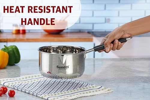 Sumeet Stainless Steel Induction Bottom Gas Stove & Induction Friendly Saucepan with Bacelite wire handle, 2500ml, 18 cm Dia, Silver