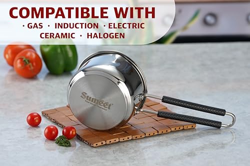 Sumeet Stainless Steel Induction Bottom Gas Stove & Induction Friendly Saucepan with Bacelite wire handle, 1250ml, 14 cm Dia, Silver