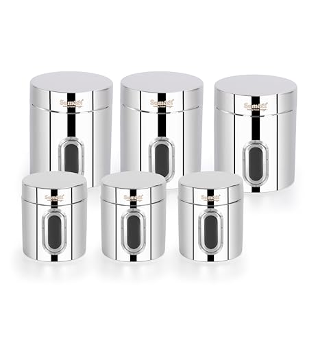 Sumeet Stainless Steel Small Containers/Jars/Dabba for Kitchen Storage with See Through Window - set of 6Pcs, 1100ml + 1820ml capacity, 11.5cm & 13.3cm Dia, Silver