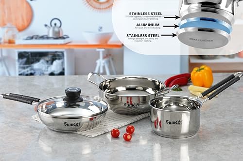 Sumeet Stainless Steel Induction Bottom Gas Stove & Induction Friendly 4PC Cookware Set, Kadai - 1500ml / 20cm, Frypan 1250ml / 20cm, Saucepan 1250ml / 14cm with Glass Lid, Pack of 4, Silver