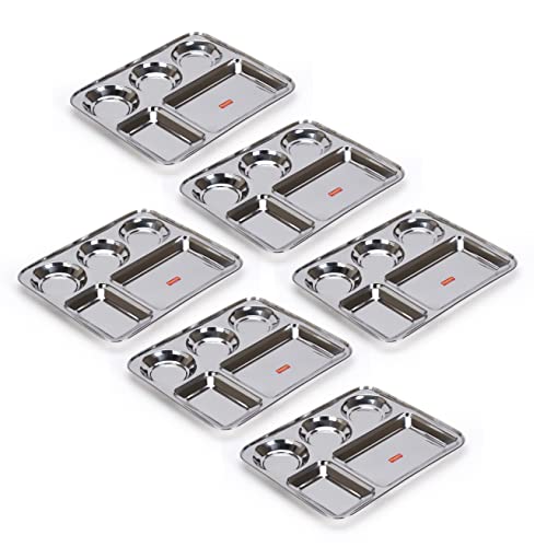 Sumeet Stainless Steel Rectangular 5 in 1 Compartment Lunch / Dinner Plate 1Pc, 33.5cm Dia, Silver