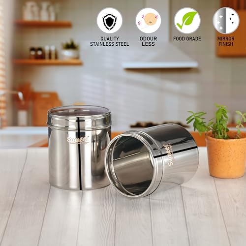 Sumeet Stainless Steel Containers/Jars/Dabba for Kitchen Storage with See Through Lids - set of 2Pcs, 1350ml capacity each, 11.7cm Dia, Silver