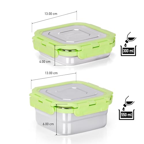 Sumeet Stainless Steel Square Shape Airtight Lock & Leak Proof Container/Lunch Box with Steel Lid - 300ml & 550ml, Pack of 2, Silver