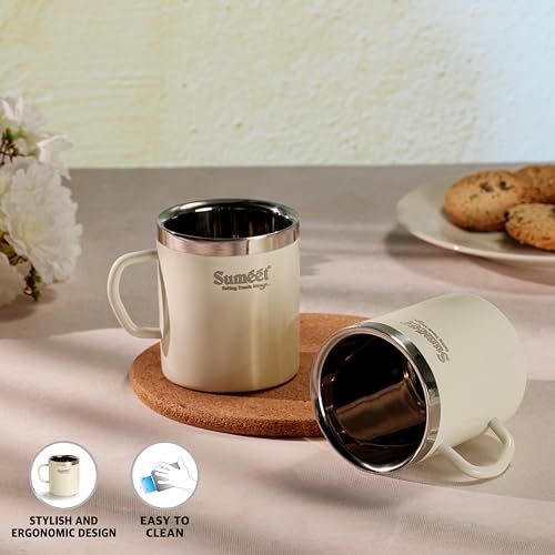 Sumeet Stainless Steel Coloured Double Wall Tea/Milk/Coffee Mug Set of 2Pc - 300ml - Ivory