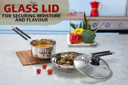 Sumeet Stainless Steel Induction Bottom Gas Stove & Induction Friendly 3PC Cookware Set, Frypan 1250ml / 20cm, Saucepan 1250ml / 14cm with Glass Lid, Pack of 3, Silver