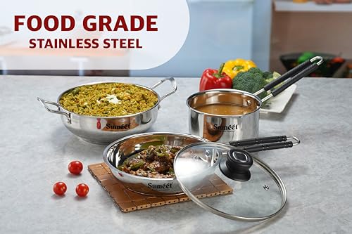 Sumeet Stainless Steel Induction Bottom Gas Stove & Induction Friendly 4PC Cookware Set, Kadai - 1500ml / 20cm, Frypan 1250ml / 20cm, Saucepan 1250ml / 14cm with Glass Lid, Pack of 4, Silver