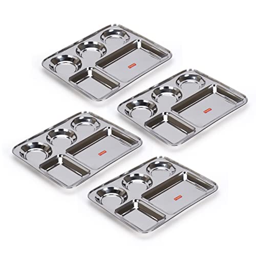 Package: Sumeet Stainless Steel Rectangular 5 in 1 Compartment Lunch / Dinner Plate 1Pc, 37.4cm Dia, Silver