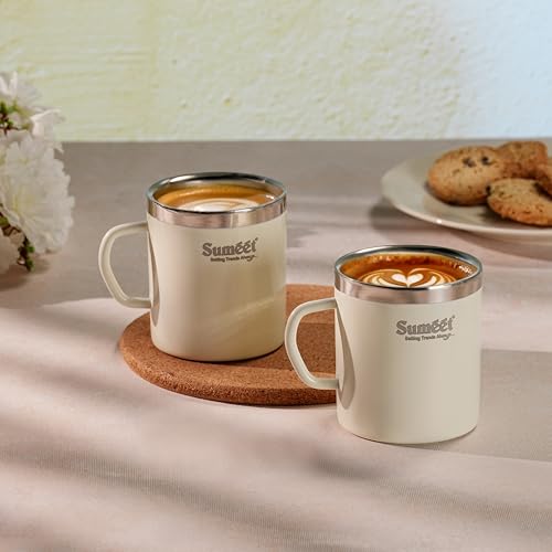 Sumeet Stainless Steel Coloured Double Wall Tea/Milk/Coffee Mug Set of 2Pc - 300ml - Ivory