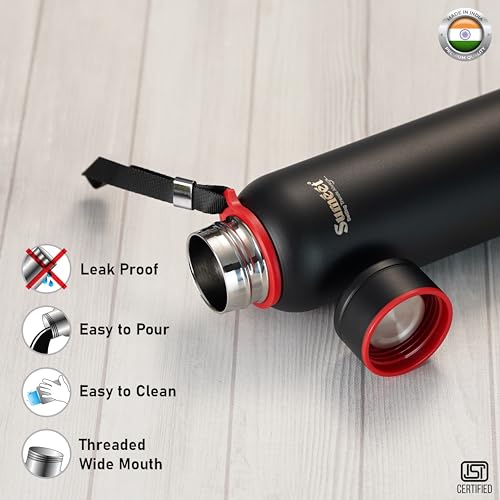 Sumeet Nero 24 Hrs Hot & Cold ISI Certified Stainless Steel Leak Proof Water Bottle for Office/School/College/Gym/Picnic/Home/Trekking -900ml, Pack of 1, Black