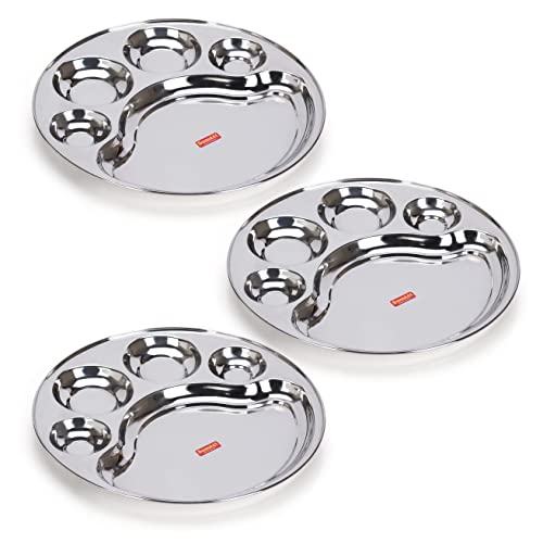 Sumeet Stainless Steel Round 5 in 1 Compartment Lunch / Dinner Plate 1Pc, 34cm Dia, Silver