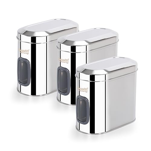 Sumeet ISI Certified Stainless Steel Capsul Canister/Container for Kitchen Storage with See Through Window - Set of 3 Pcs - 1850ml, Silver