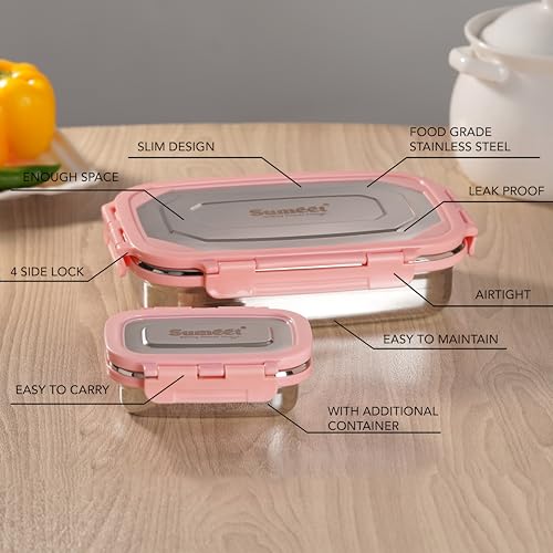 Sumeet Twin Pack Stainless Steel Airtight, Leak Proof Lunch Box, Tiffin for School, Office, Kids 1000ml+170ml, Pack of 1, Pink