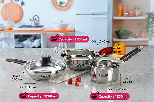 Sumeet Stainless Steel Induction Bottom Gas Stove & Induction Friendly 4PC Cookware Set, Kadai - 1500ml / 20cm, Frypan 1250ml / 20cm, Saucepan 1250ml / 14cm with Glass Lid, Pack of 4, Silver