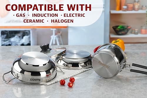 Sumeet Stainless Steel Induction Bottom Gas Stove & Induction Friendly 4PC Cookware Set, Kadai - 1500ml / 20cm, Frypan 1250ml / 20cm, Saucepan 1250ml / 14cm with Glass Lid, Pack of 4, Silver
