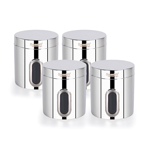 Sumeet Stainless Steel Small Containers/Jars/Dabba for Kitchen Storage with See Through Window - set of 4Pcs, 1100ml capacity each, 11.5cm Dia, Silver