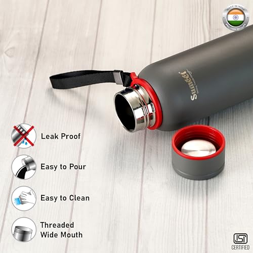 Sumeet Nero 24 Hrs Hot & Cold ISI Certified Stainless Steel Leak Proof Water Bottle for Office/School/College/Gym/Picnic/Home/Trekking -900ml, Pack of 1, Greay