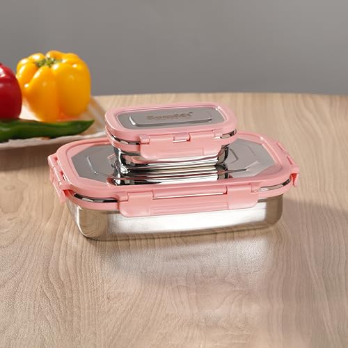Sumeet Twin Pack Stainless Steel Airtight, Leak Proof Lunch Box, Tiffin for School, Office, Kids 1000ml+170ml, Pack of 1, Pink