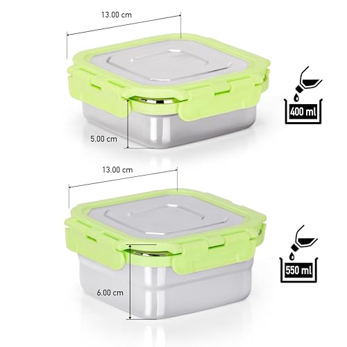 Sumeet Stainless Steel Square Shape Airtight Lock & Leak Proof Container/Lunch Box with Steel Lid - 400ml & 550ml, Pack of 2, Silver