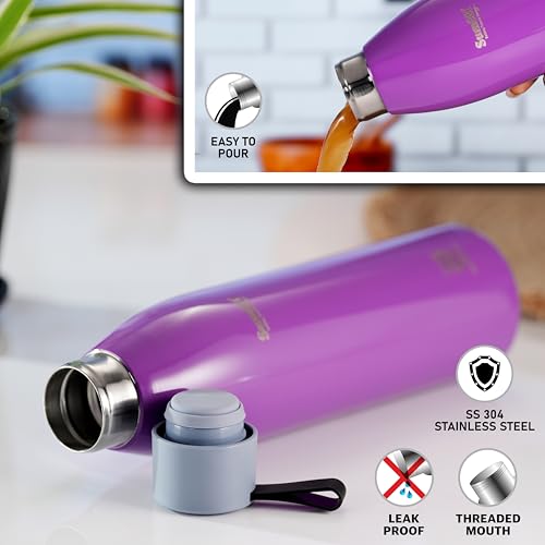 Sumeet Dew 24 Hrs Hot & Cold ISI Certified Stainless Steel Leak Proof Water Bottle for Office/School/College/Gym/Picnic/Home/Trekking -750ml, Pack of 1, Purple