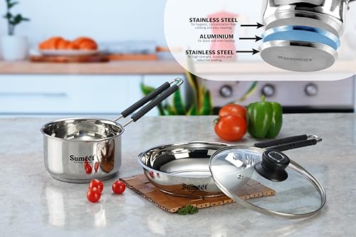 Sumeet Stainless Steel Induction Bottom Gas Stove & Induction Friendly 3PC Cookware Set, Frypan 1250ml / 20cm, Saucepan 1250ml / 14cm with Glass Lid, Pack of 3, Silver