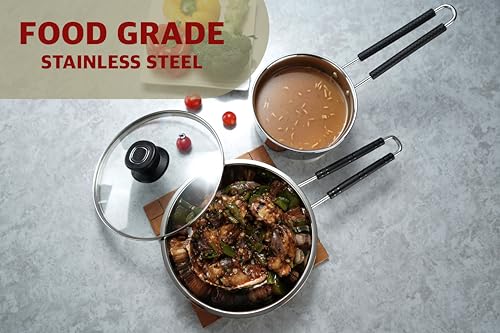 Sumeet Stainless Steel Induction Bottom Gas Stove & Induction Friendly 3PC Cookware Set, Frypan 1250ml / 20cm, Saucepan 1250ml / 14cm with Glass Lid, Pack of 3, Silver