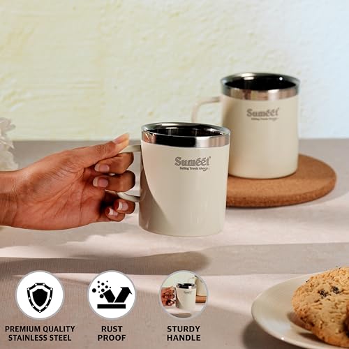 Sumeet Stainless Steel Coloured Double Wall Tea/Milk/Coffee Mug Set of 2Pc - 300ml - Ivory