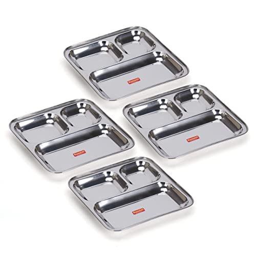 Sumeet Stainless Steel Round 5 in 1 Compartment Lunch / Dinner Plate 1Pc, 34cm Dia, Silver