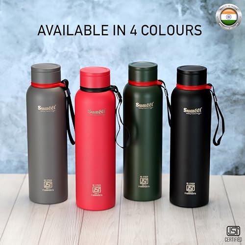 Sumeet Nero 24 Hrs Hot & Cold ISI Certified Stainless Steel Leak Proof Water Bottle for Office/School/College/Gym/Picnic/Home/Trekking -900ml, Pack of 1, Black