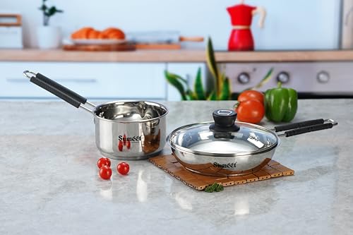 Sumeet Stainless Steel Induction Bottom Gas Stove & Induction Friendly 3PC Cookware Set, Frypan 1250ml / 20cm, Saucepan 1250ml / 14cm with Glass Lid, Pack of 3, Silver
