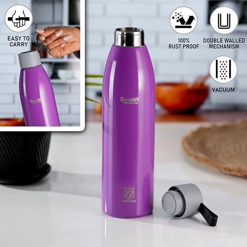 Sumeet Dew 24 Hrs Hot & Cold ISI Certified Stainless Steel Leak Proof Water Bottle for Office/School/College/Gym/Picnic/Home/Trekking -750ml, Pack of 1, Purple