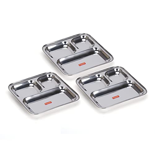 Sumeet Stainless Steel 3 in 1 Idli WADA Compartment Plate / Snack Plate / Breakfast Plate 1Pc, 21.7cm Dia, Silver
