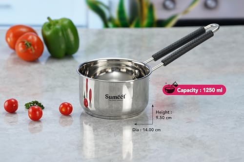 Sumeet Stainless Steel Induction Bottom Gas Stove & Induction Friendly Saucepan with Bacelite wire handle, 1250ml, 14 cm Dia, Silver