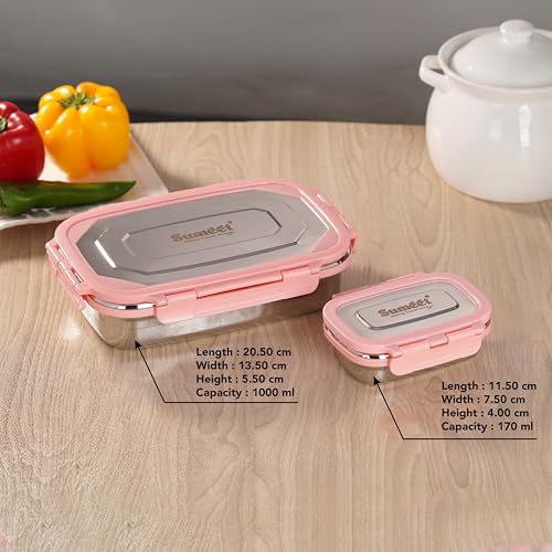 Sumeet Twin Pack Stainless Steel Airtight, Leak Proof Lunch Box, Tiffin for School, Office, Kids 1000ml+170ml, Pack of 1, Pink