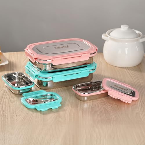 Sumeet Twin Pack Stainless Steel Airtight, Leak Proof Lunch Box, Tiffin for School, Office, Kids 1000ml+170ml, Pack of 2, Green & Pink